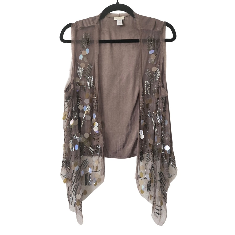 Chico's 2 Womens L Vest Taupe Sequin Beaded Mesh Open Front Sleeveless Layering